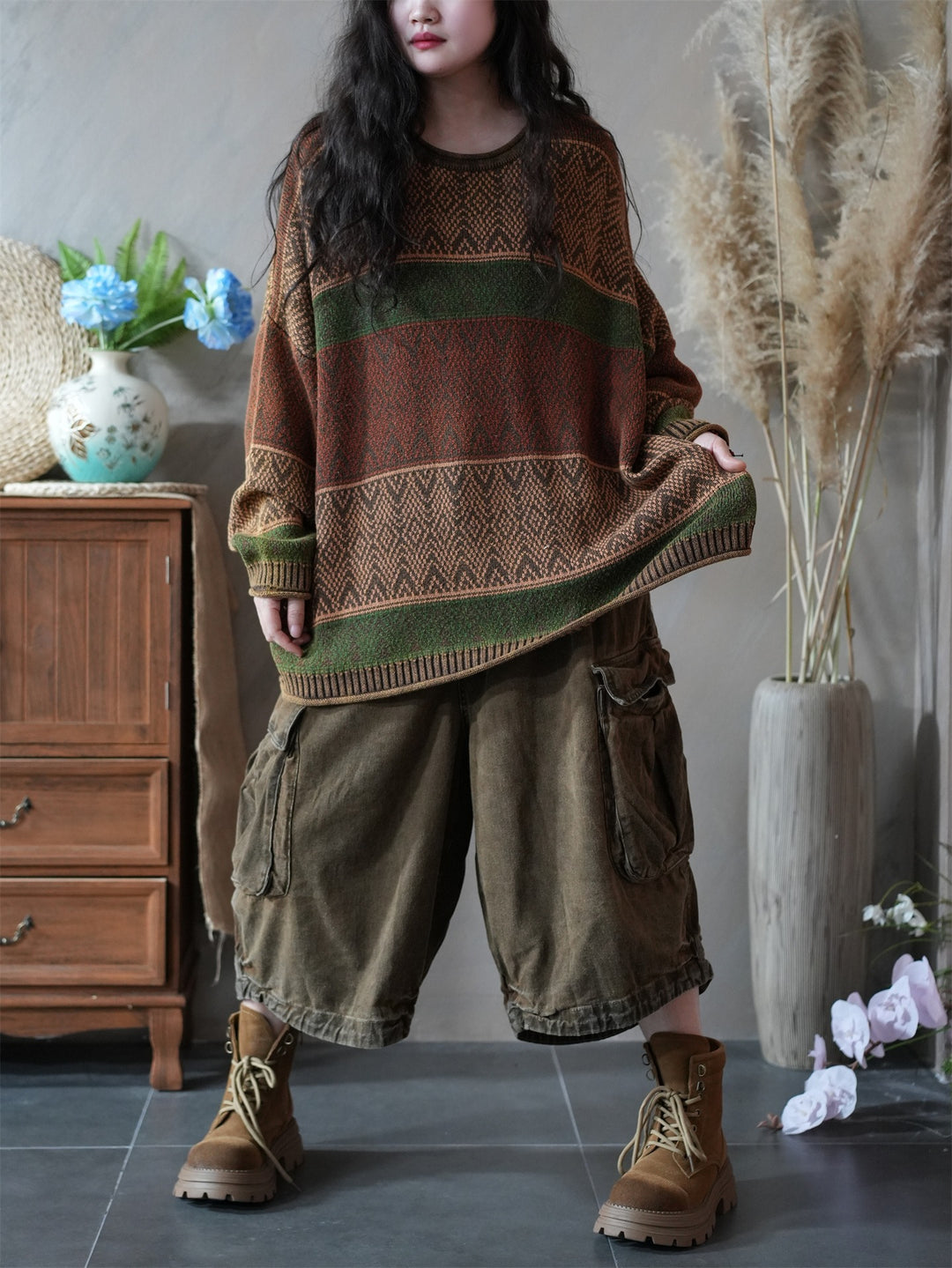Cotton Oversized Striped Knitted Sweater for Women