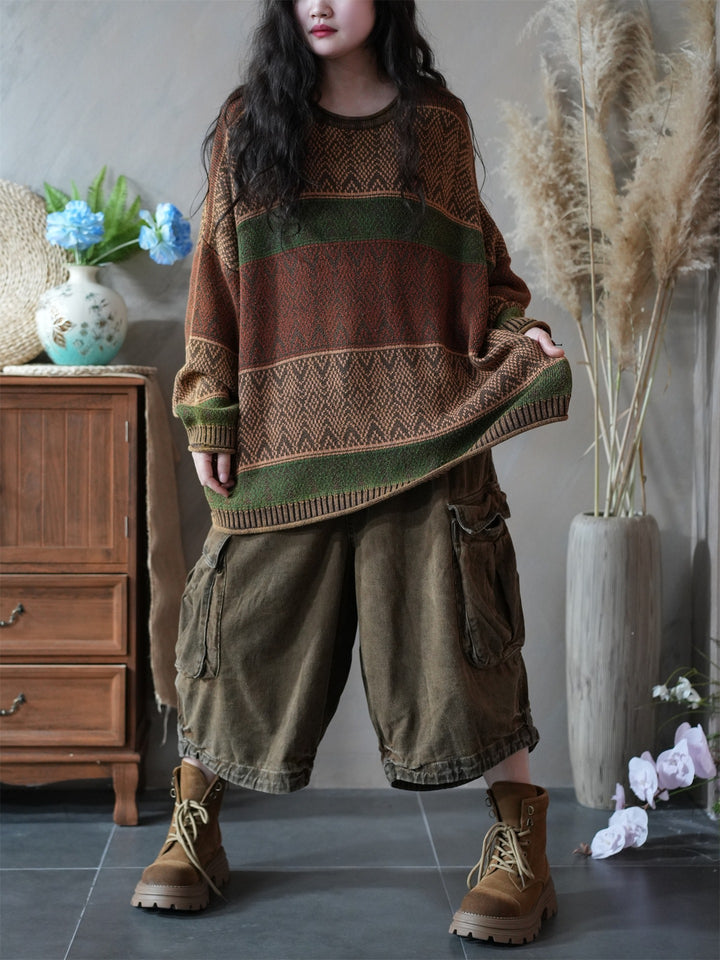 Cotton Oversized Striped Knitted Sweater for Women