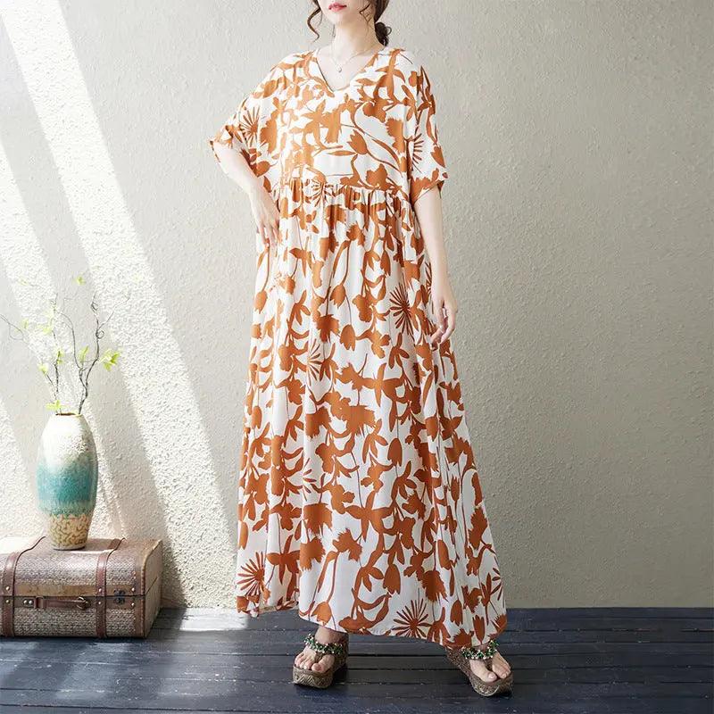 Retro Maxi Dress for Women Vibe Cotton Maxi Dress in Artistic Print-Women's dress-Thebesttailor-Thebesttailor