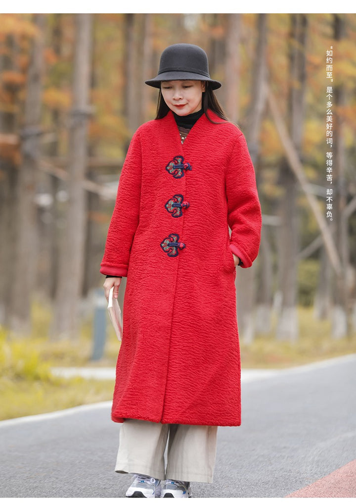 Chinese Lambswool Long Overcoat Cardigan in Beige and Red