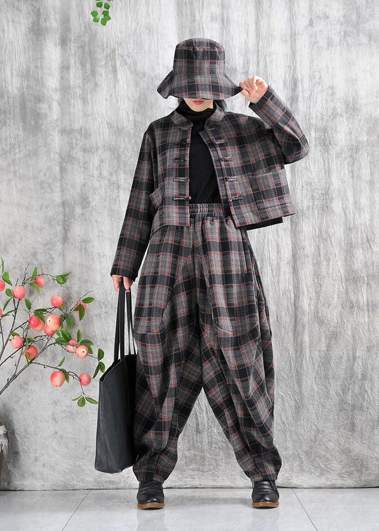 Winter Cotton Blend Short Plaid Top And Maxi Harem Pants by Thebesttailor