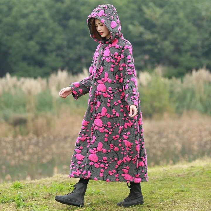 Retro Jacquard Wool Hooded Cardigan Coat for Women-Women's coat-Thebesttailor-One size-Rose red-Wool-Thebesttailor