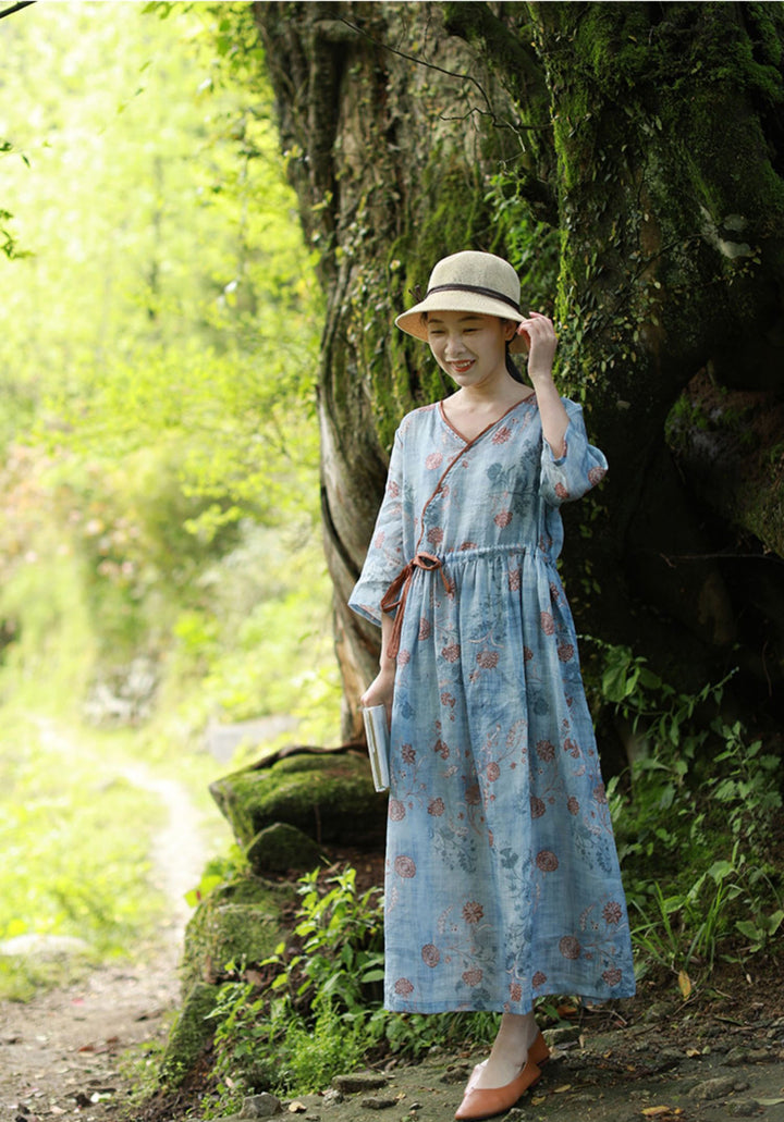 Linen Floral Drape Midi Dress With Half Sleeves Women