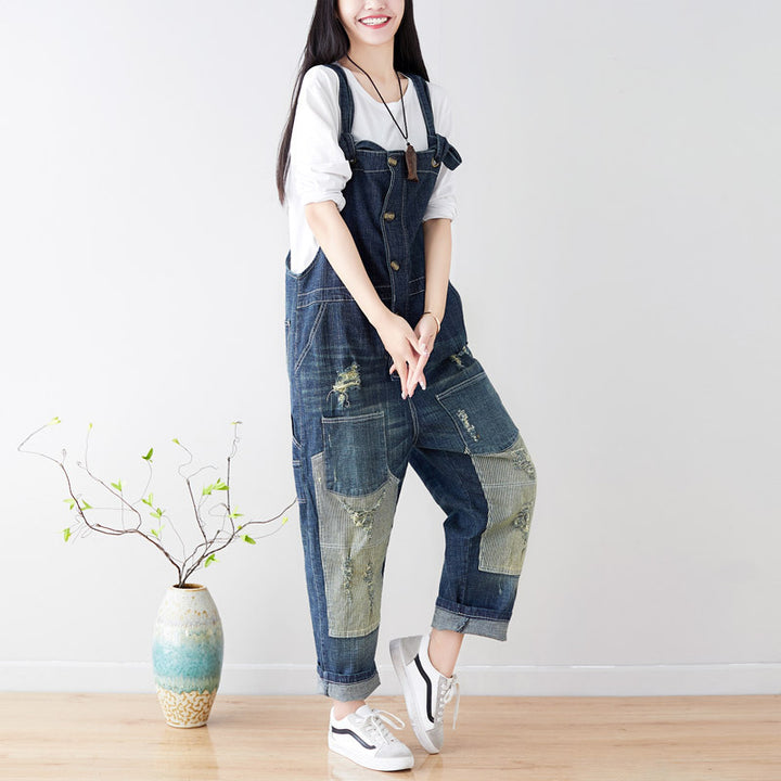 Casual Retro Ripped Overalls For Women In Blue