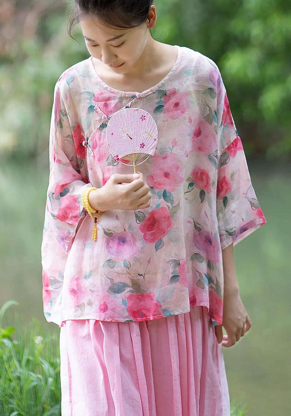 summer tops 3 4 sleeve tops for women linen top-Women's Shirt-Thebesttailor-Thebesttailor
