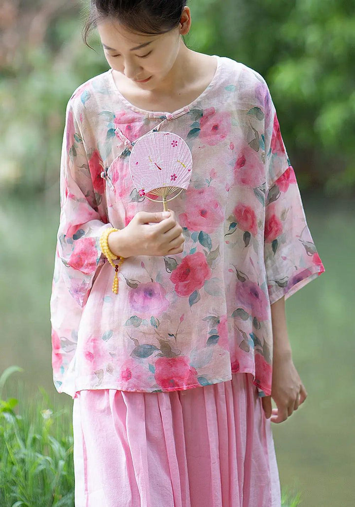 summer tops 3 4 sleeve tops for women linen top-Women's Shirt-Thebesttailor-Thebesttailor