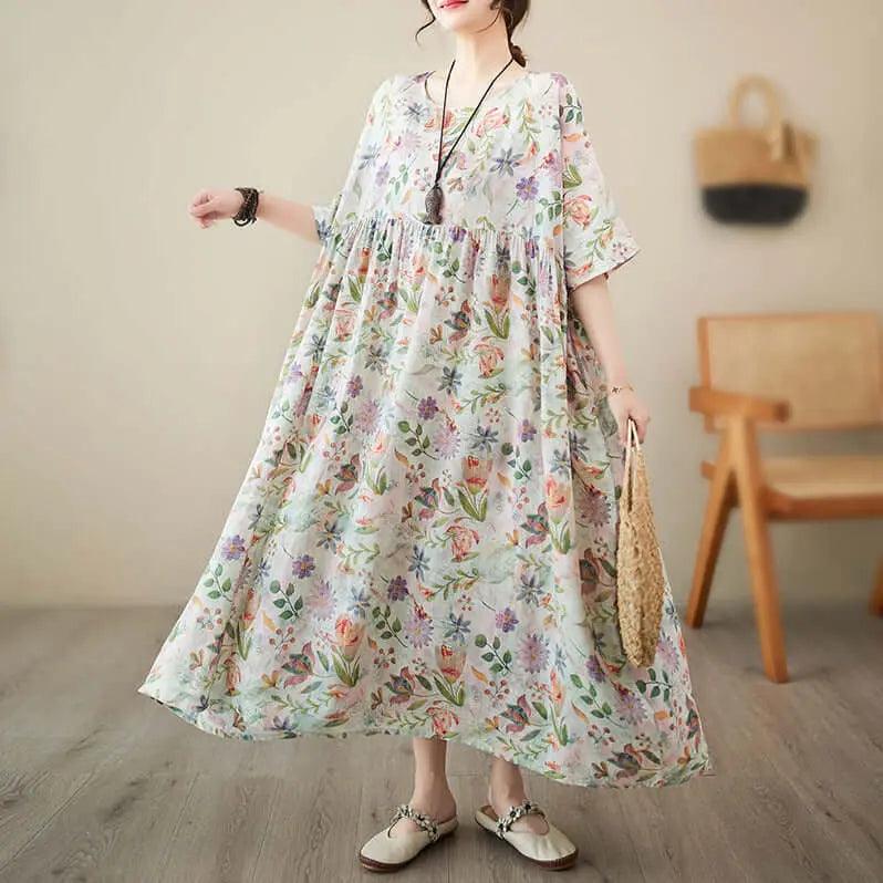 Women's Summer Dress Flowery Green Linen A-Line Dress-Women's dress-Thebesttailor-One size-Green flowers-Cotton-Thebesttailor