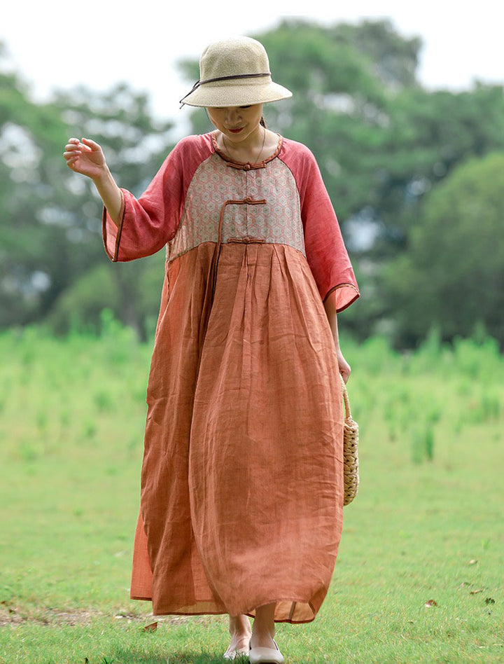Summer Ramie Orange Patchwork with Pockets Dress for Women