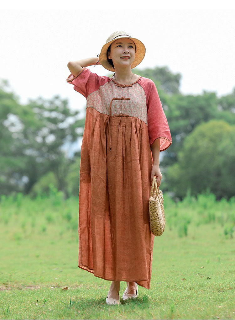 Summer Ramie Orange Patchwork with Pockets Dress for Women