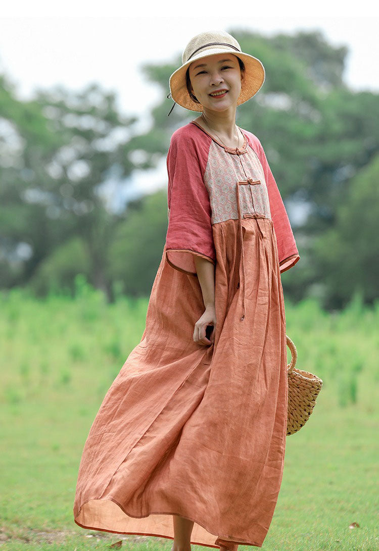 Summer Ramie Orange Patchwork with Pockets Dress for Women
