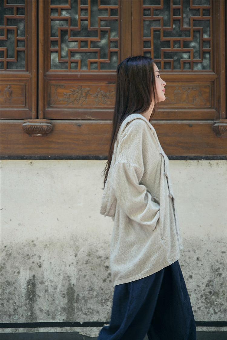 Hooded sand-washed linen Blouses Linen tops for women Thebesttailor