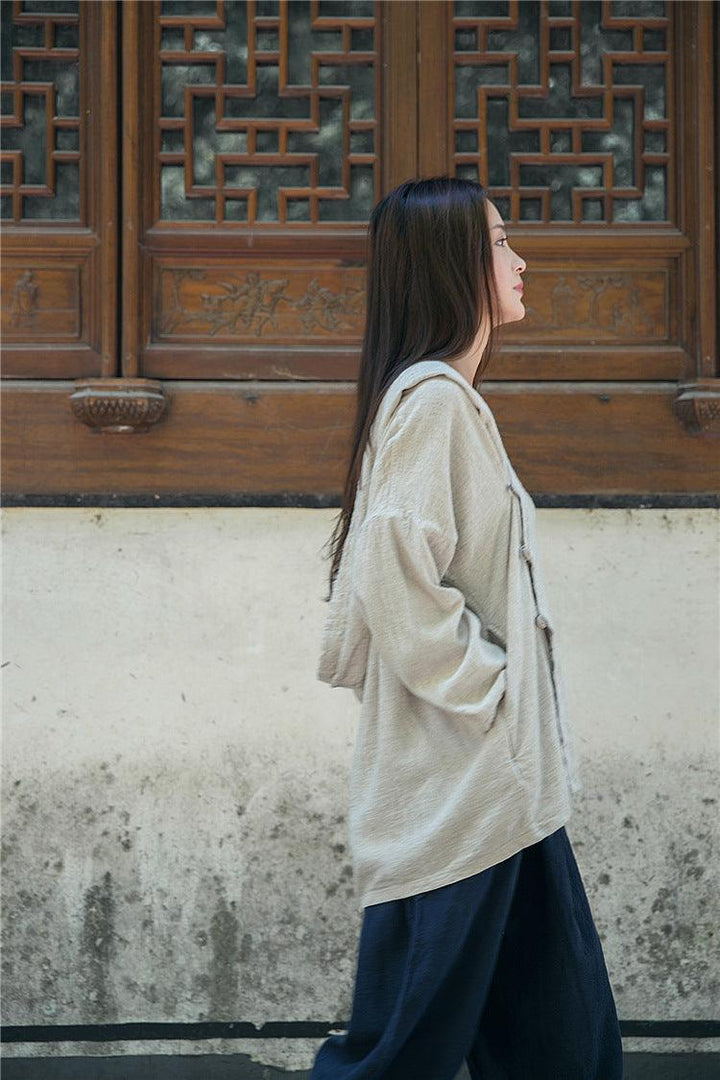 Hooded sand-washed linen Blouses Linen tops for women Thebesttailor