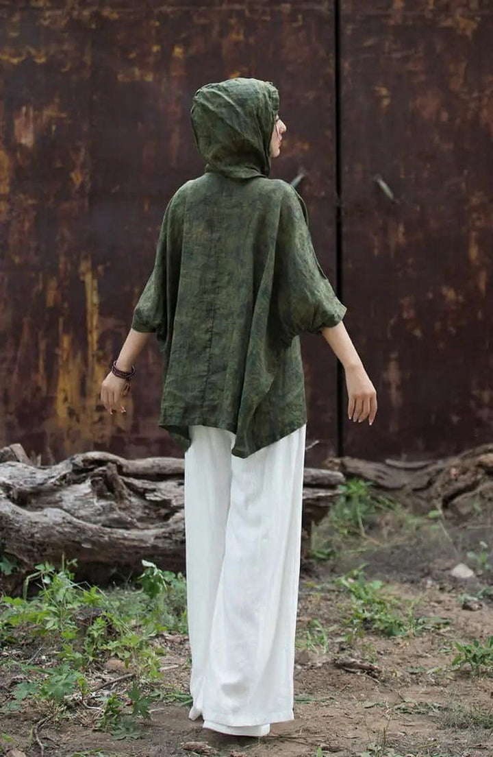 Hooded Vintage Green Linen and Ramie Sun Shirt for Women-Women's Shirt-Thebesttailor-Thebesttailor
