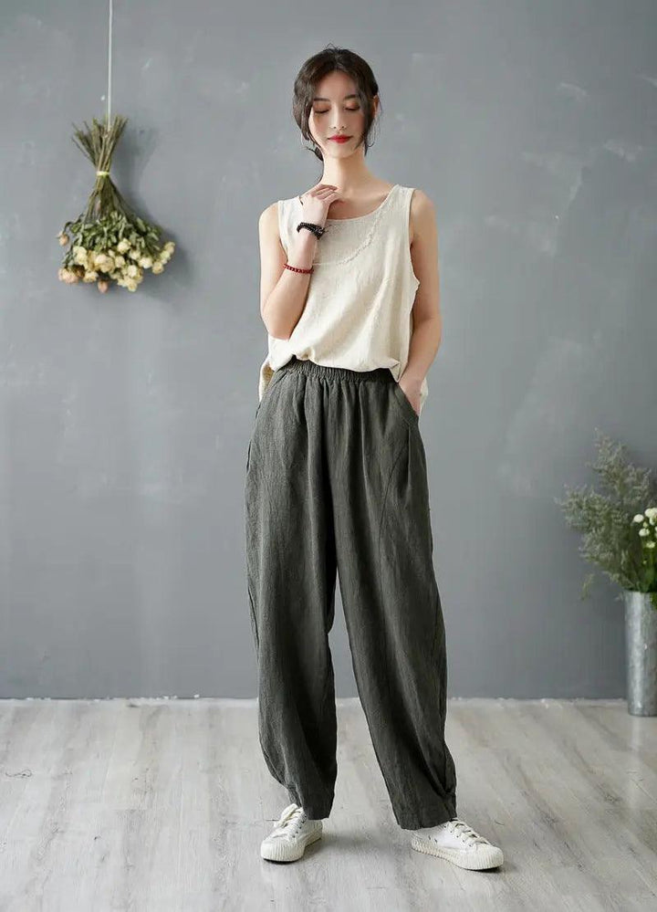 Vintage Summer Ginger Linen Tapered Women's Pants for Casual Wear-Women's pants-Thebesttailor-One size-Dark green-Thebesttailor