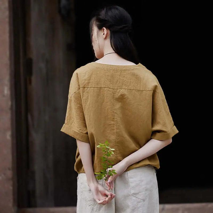 Loose White Cotton and Linen Short Sleeve T-shirt for Women-Women's Shirt-Thebesttailor-Thebesttailor