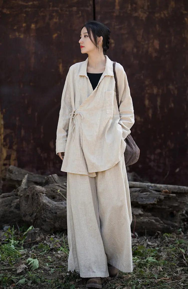 women tops Vintage Lace-up Linen Cardigan with Retro Style by Thebesttailor