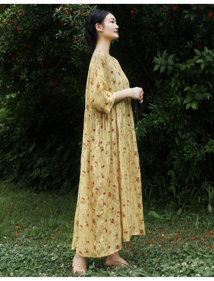Long floral ramie bustier dress woman Boho Dresses for Women Summer, featuring a relaxed fit and vibrant floral patterns.