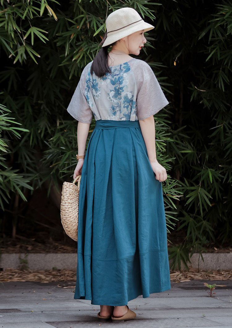 Chinese Linen Patchwork Floral Lace Up High Waist Maxi Dress