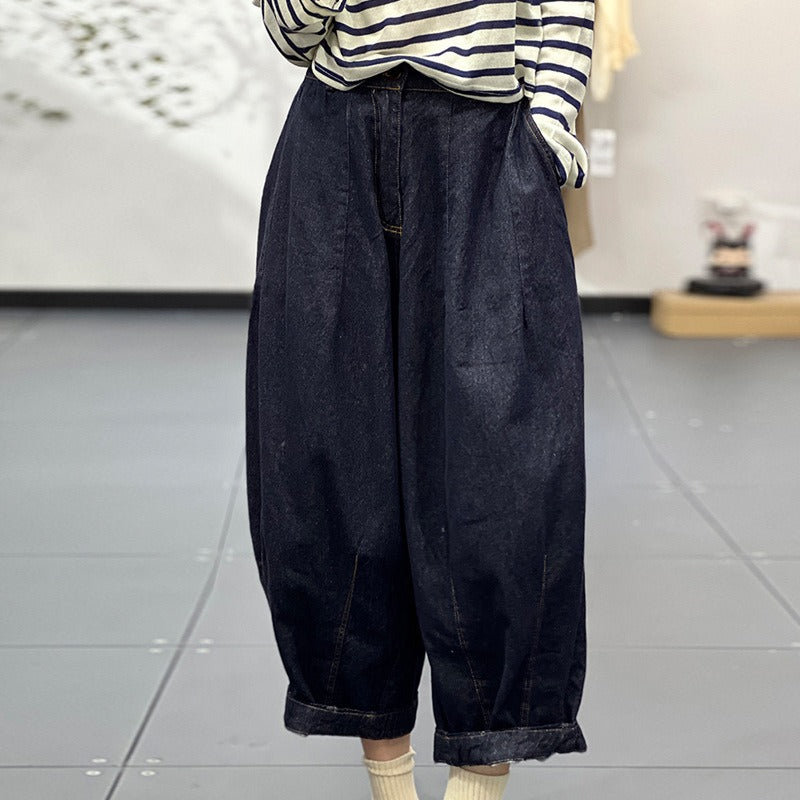 Autumn Denim Cotton Trousers Women Loose Fit Elastic Waist by Thebesttailor