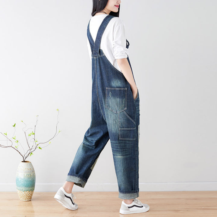 Casual Retro Ripped Overalls For Women In Blue