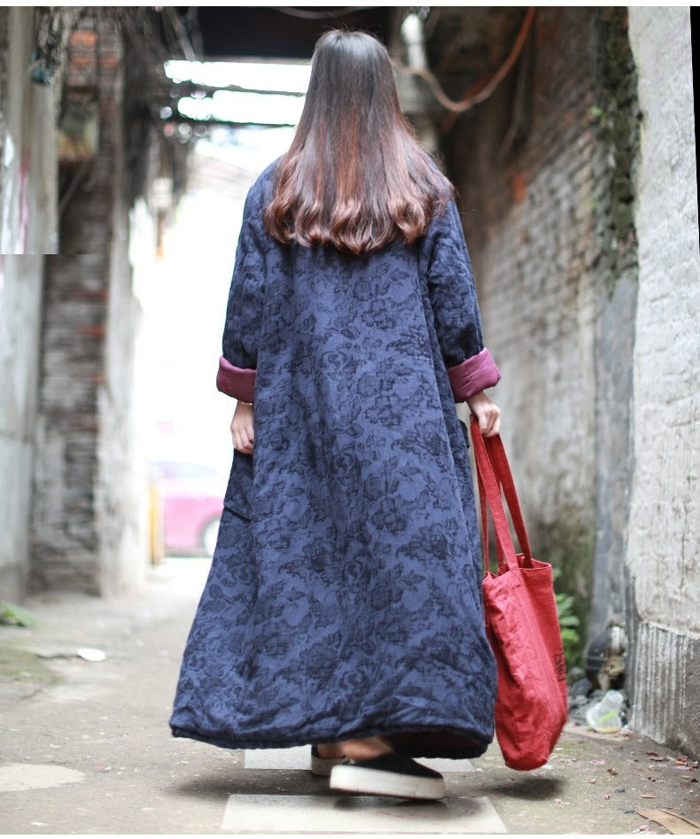Vintage Linen Blue Jacquard Padded Coat