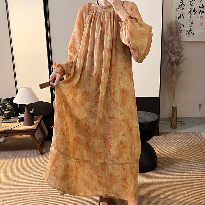 Casual Ramie Printed Long Sleeve Maxi Dress