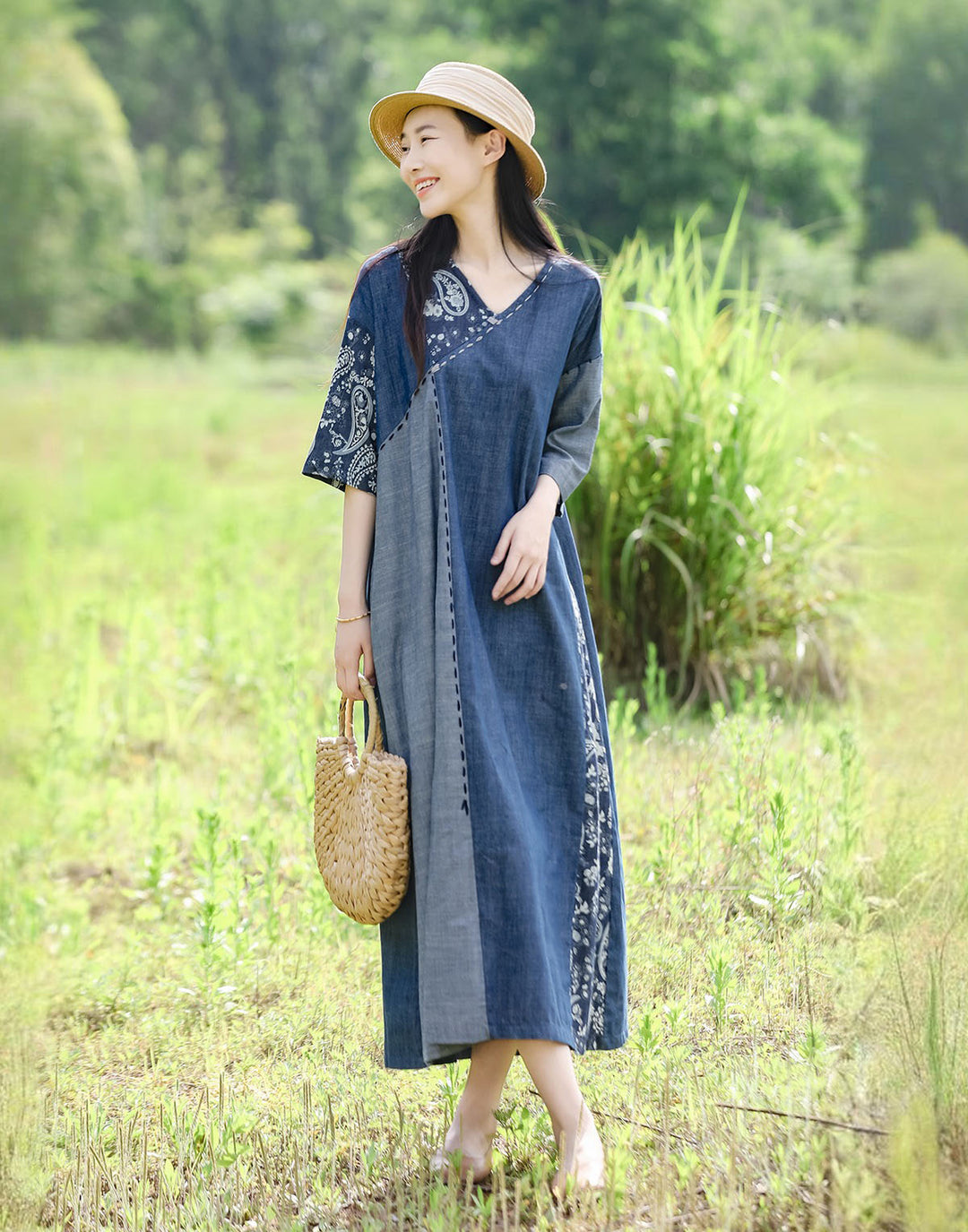 Blue Cotton Patchwork V Neck Maxi Dress For Women Casual