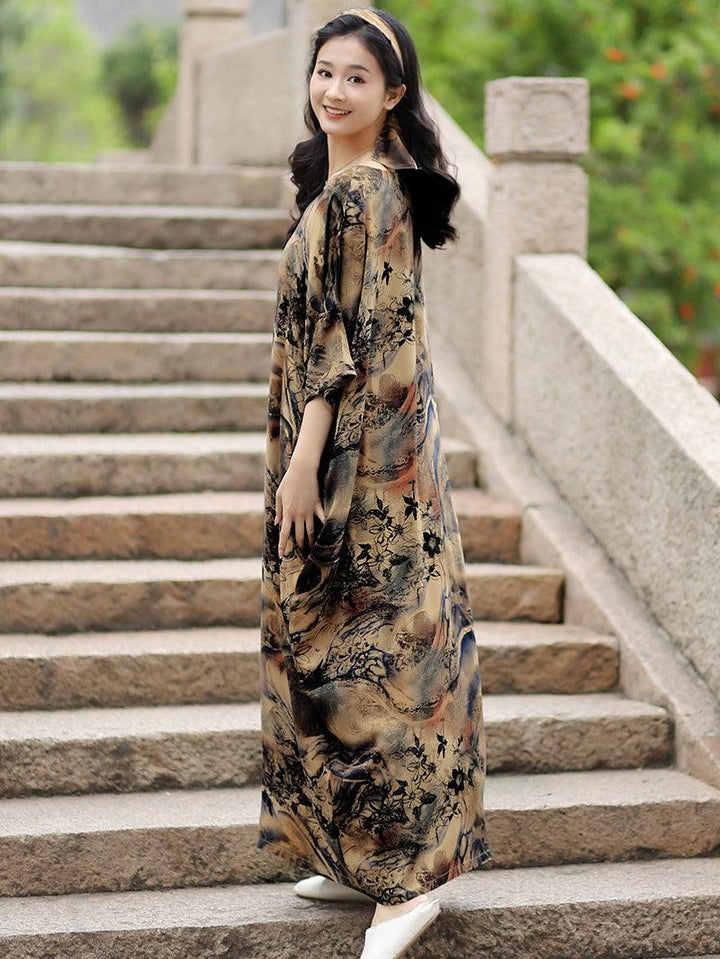 Retro Floral Cotton Half-Sleeved Maxi Dress for Women-Women's dress-Thebesttailor-Thebesttailor