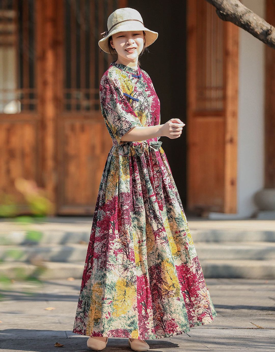 Chinese Style Retro Linen Floral Maxi Dress For Women