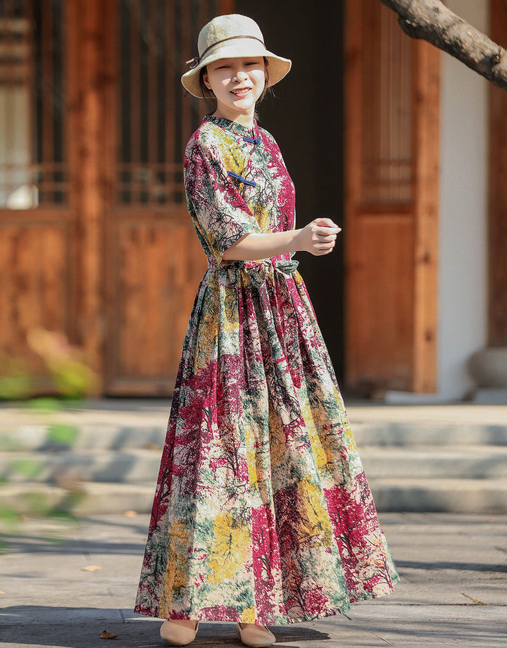 Chinese Style Retro Linen Floral Maxi Dress For Women