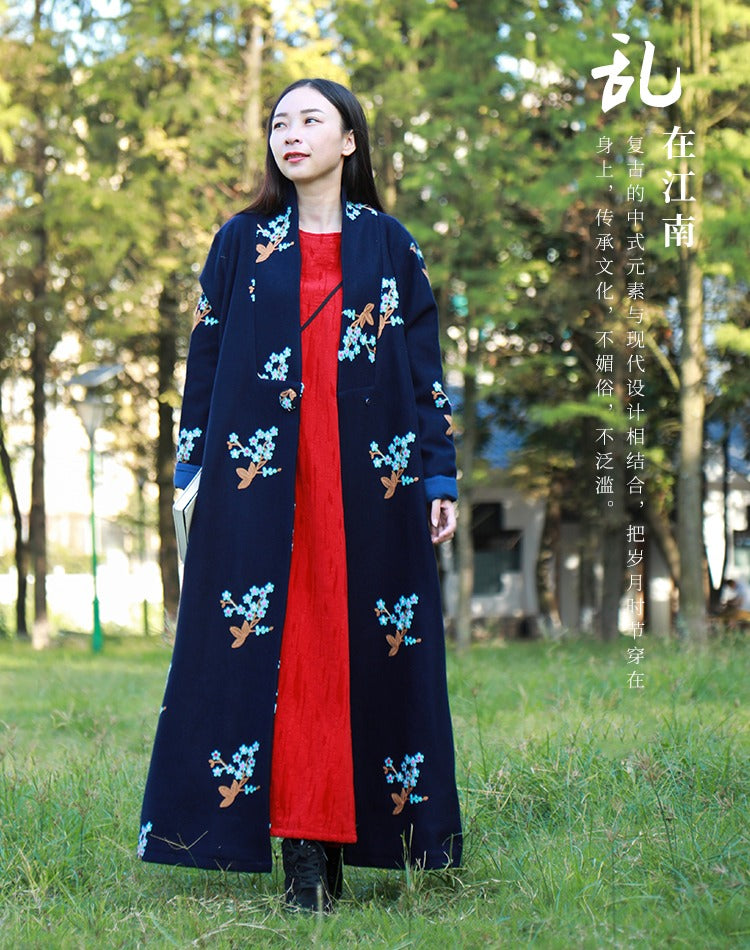 Womens Chinese Retro Floral Long Wool Coat Cardigan Style