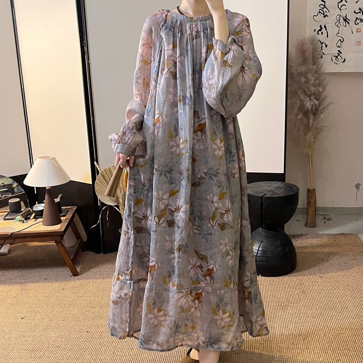 Casual Ramie Printed Long Sleeve Maxi Dress