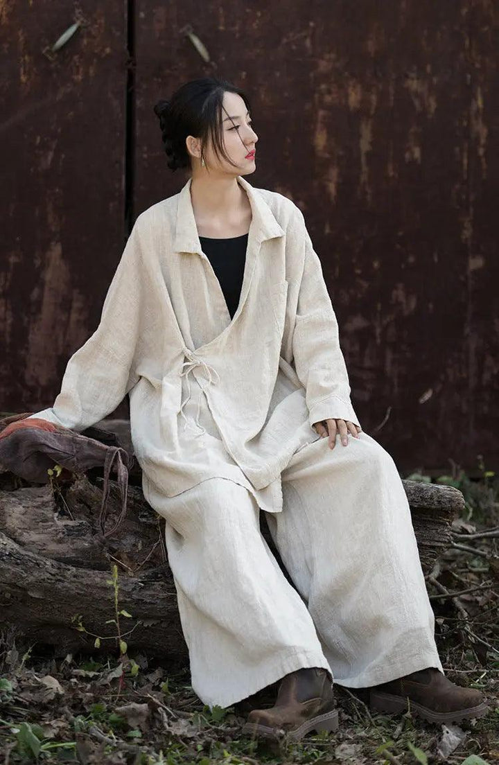 women tops Vintage Lace-up Linen Cardigan with Retro Style-Women's Shirt-Thebesttailor-Thebesttailor