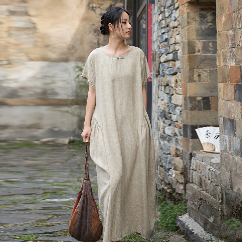 Women's Summer Linen Tie-Dye Short-Sleeved Dress for Comfort