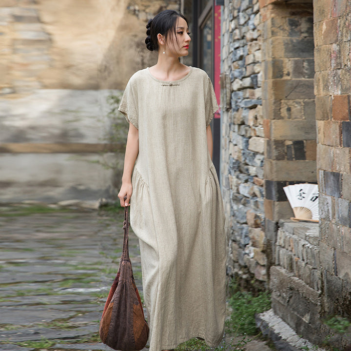 Women's Summer Linen Tie-Dye Short-Sleeved Dress for Comfort
