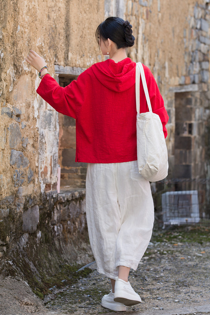 Women's Linen Sand-Washed Hooded Long-Sleeved Blouse