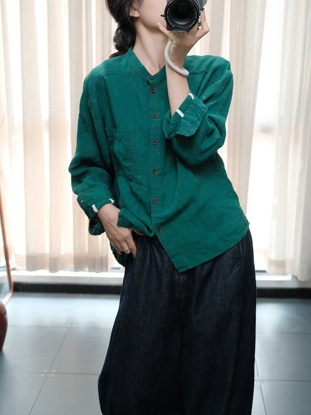 Linen Summer Blouse For Women Green Apricot Tunic Top by Thebesttailor