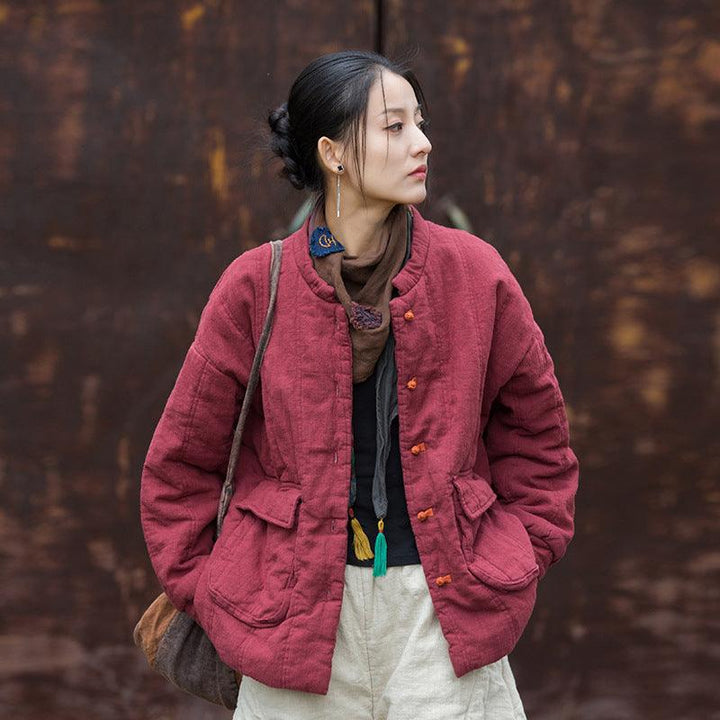 Linen Cotton Long Sleeve Quilted Jacket for Women-Women's coat-Thebesttailor-One size-Red-Linen-Thebesttailor