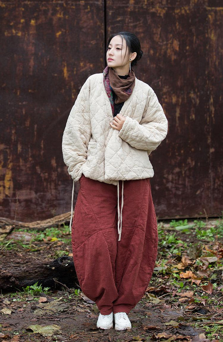 Retro Loose-Fit V-Neck Cotton and Linen Women's Winter Coat-Women's coat-Thebesttailor-Thebesttailor