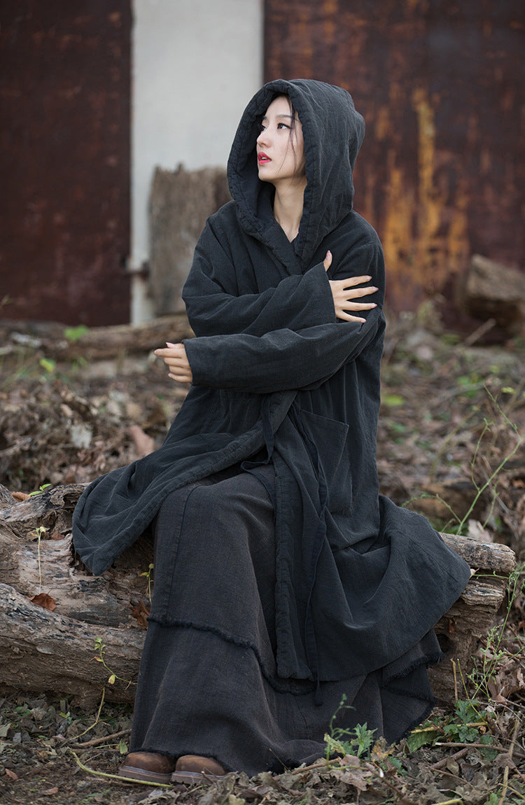 black quilted transitional women's coat maxi coat with hood