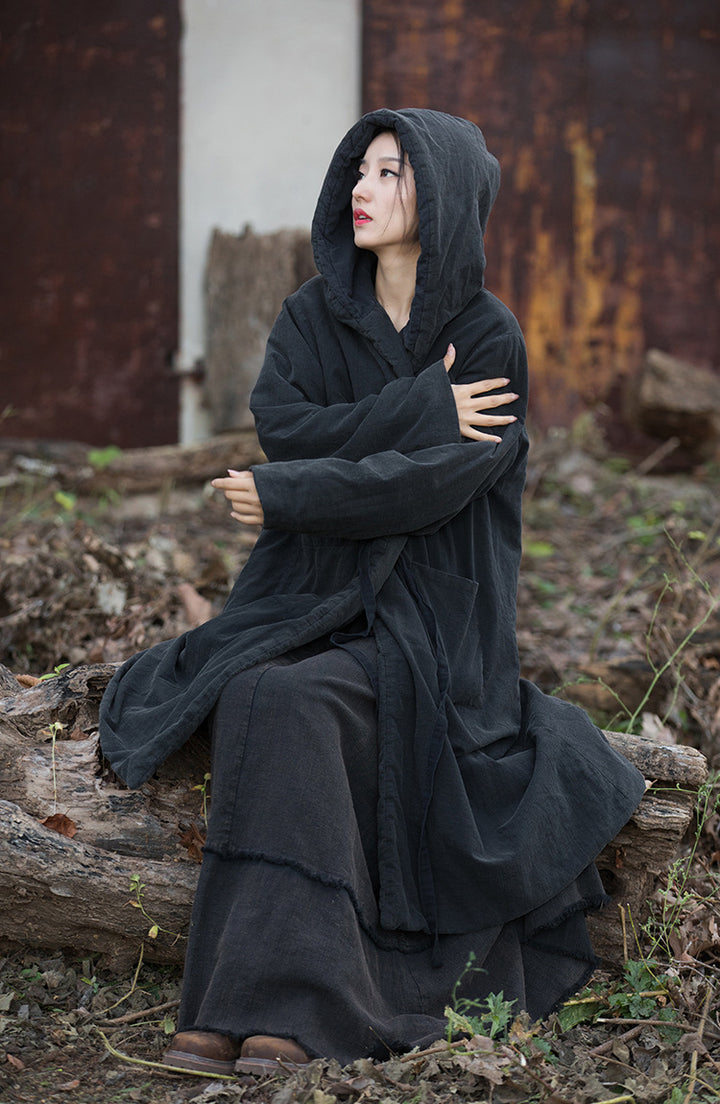 black quilted transitional women's coat maxi coat with hood