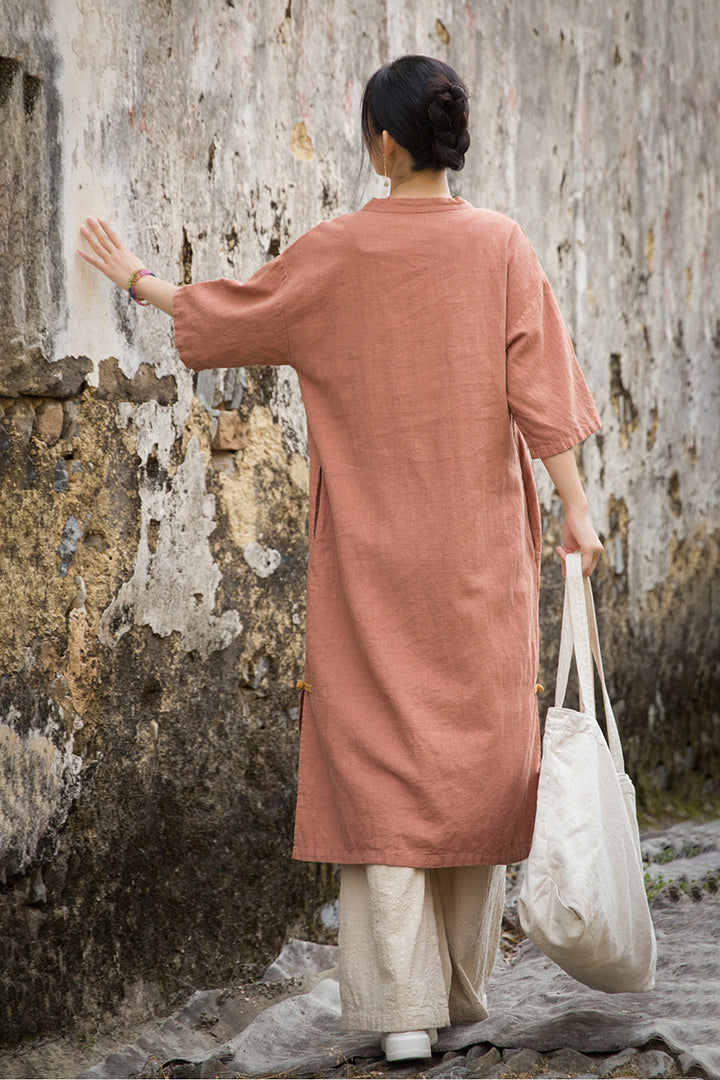 New Chinese Style Ramie Sand Washed Linen Casual Dresses