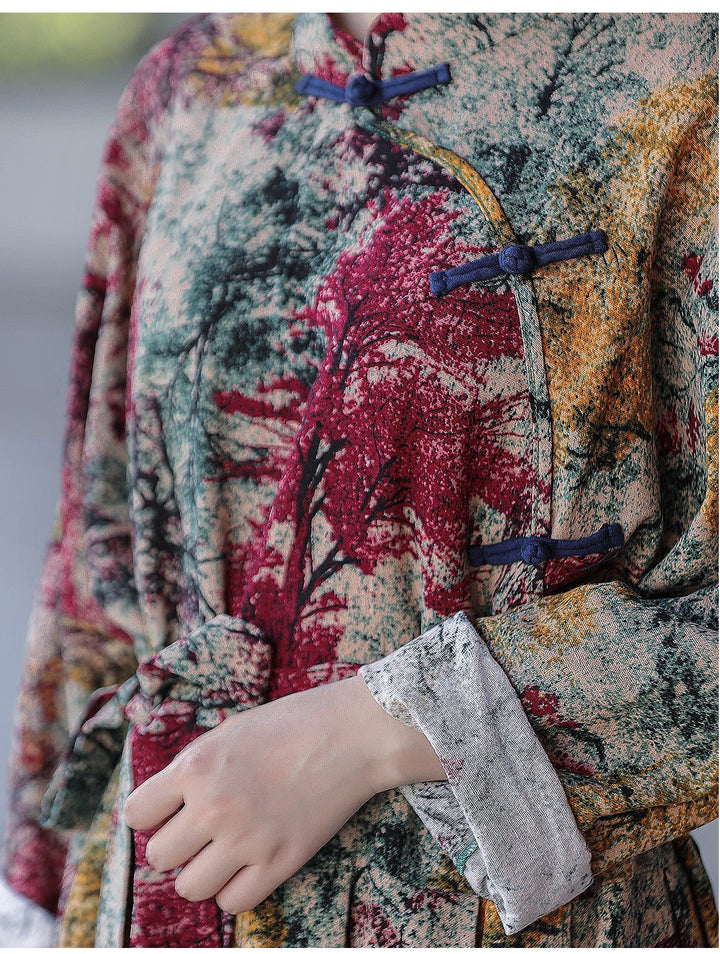 Chinese Style Retro Linen Floral Maxi Dress For Women