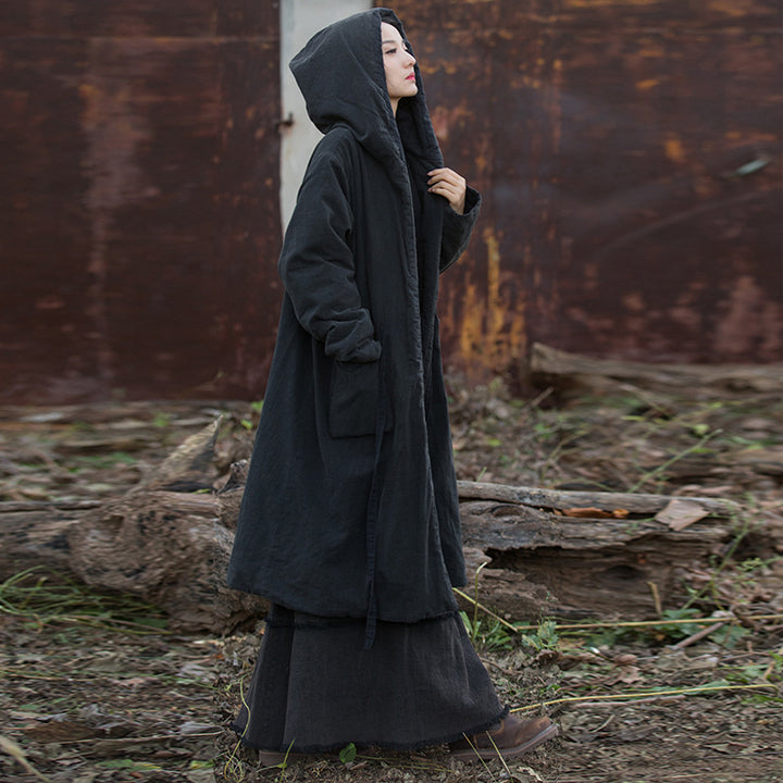 black quilted transitional women's coat maxi coat with hood