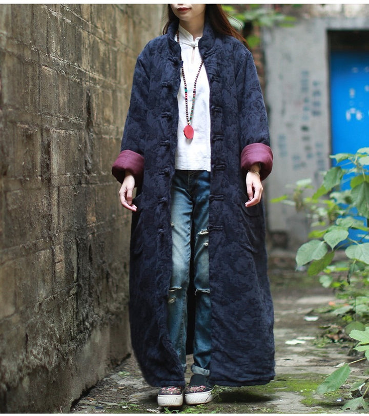 Vintage Linen Blue Jacquard Padded Coat