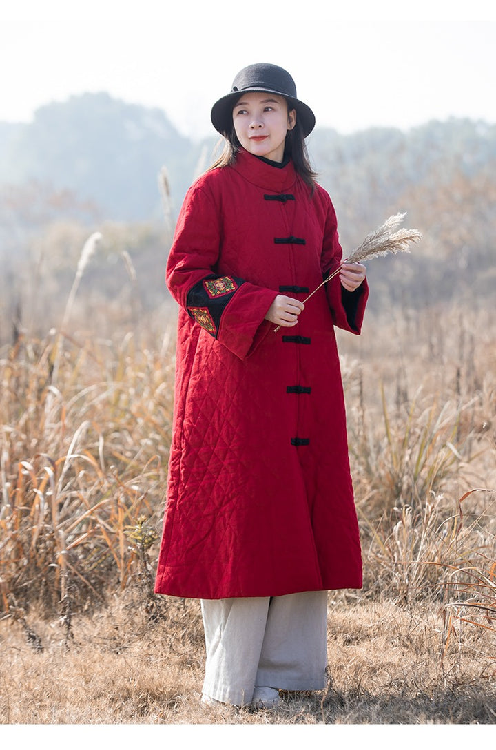 Vintage Chinese Quilted Linen Winter Coat Red Black