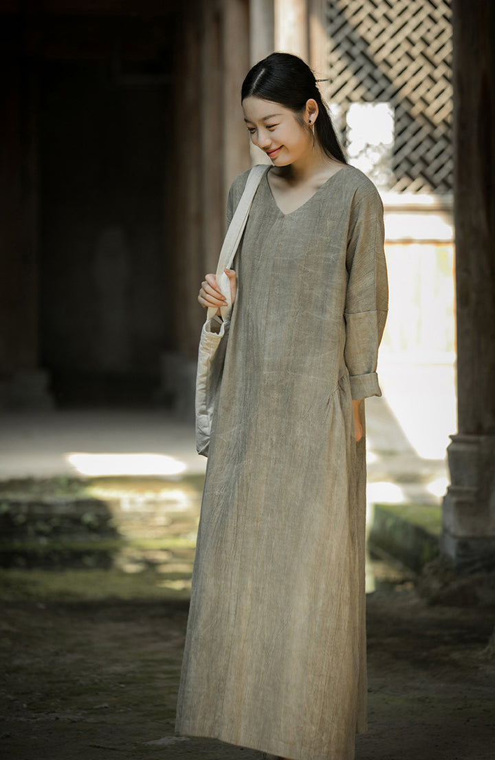 Summer Linen Tie-Dyed Fried Color V-Neck Dress for Women