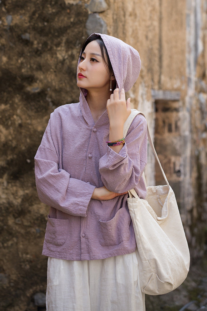 Women's Linen Sand-Washed Hooded Long-Sleeved Blouse