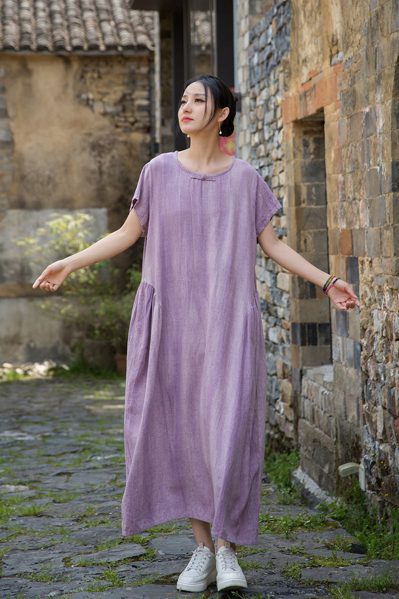 Women's Summer Linen Tie-Dye Short-Sleeved Dress for Comfort