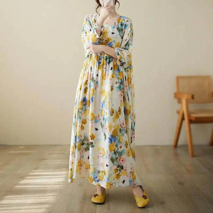 Women's Loose Fit Bohemian Yellow Floral Summer Cotton Dress-Women's dress-Thebesttailor-Thebesttailor